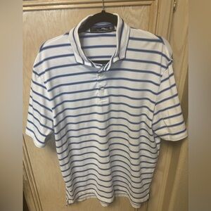 RLX Ralph Lauren Polo Shirt Men Sz L White Blue Stripe Short Sleeve Wicking READ